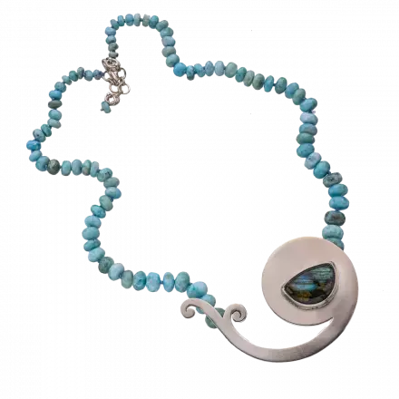 Beautiful Larimar Stone Necklace with stunning center Silver Ammonite Pendant set with crescent-shaped Labradorite