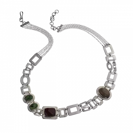 Silver Necklace composed of joined square shapes, among them polygram jasper stones of differing shades