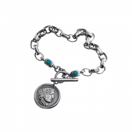 Handcrafted Silver Link Bracelet with T clasp and dangling ancient Caesarea Coin replica