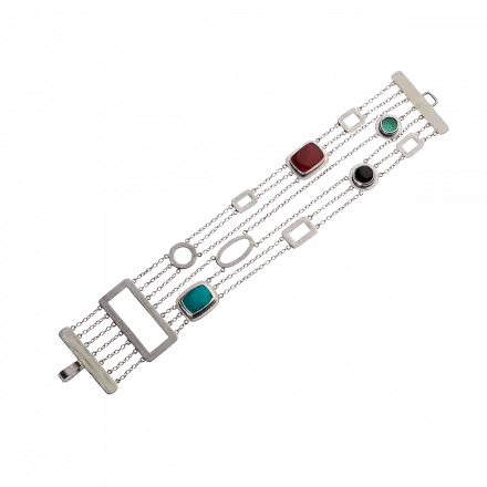 Silver Bracelet with joined hollow square elements, among them, turquoise, onyx, carnelian and agate stones