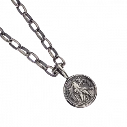 Handcrafted Silver Link Necklace with center pendant set with ancient Roman Coin replica