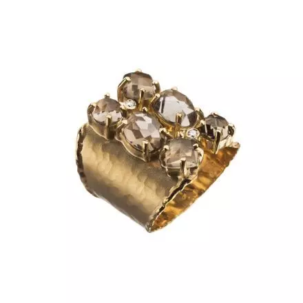 Wide 14k Gold Ring set with Smoky Quartz and Diamonds 0.04ct
