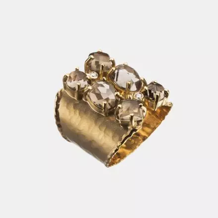 Wide 14k Gold Ring set with Smoky Quartz and Diamonds