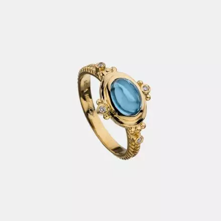 14k Gold Victorian Ring set with Swiss Blue Topaz and Diamonds 0.04ct