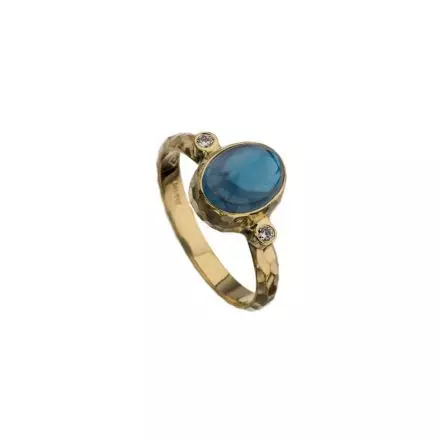 14k Gold Ring with center London Blue Topaz Stone flanked by Diamonds 0.04ct