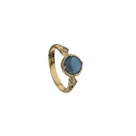 14k Gold London Blue Topaz Ring with Diamonds 0.04ct mounted in rhombus-shaped Gold Settings