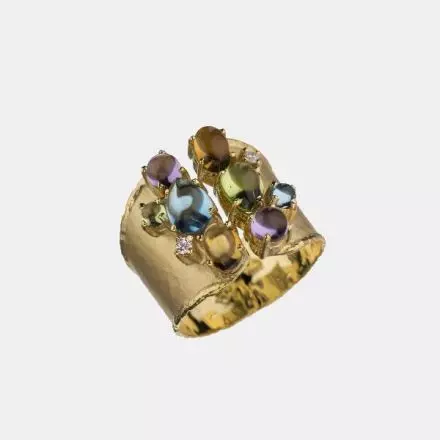 14K Gold Ring with Diamonds 0.06ct and Multicolor Gemstones