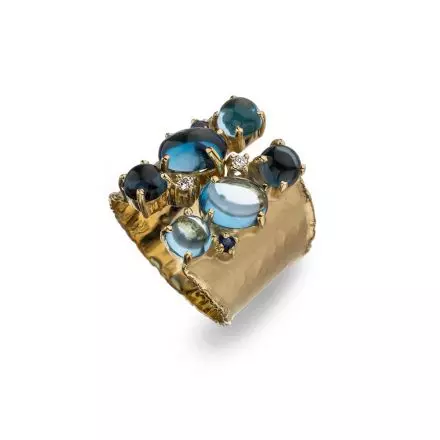 Wide 14k Gold Ring set with London and Swiss Blue Topaz with Diamonds 0.06ct