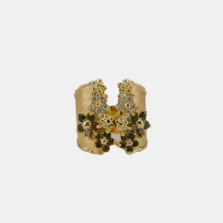 Wide 14k Gold Flower Ring set with Smoky Quartz and Diamonds 0.20ct