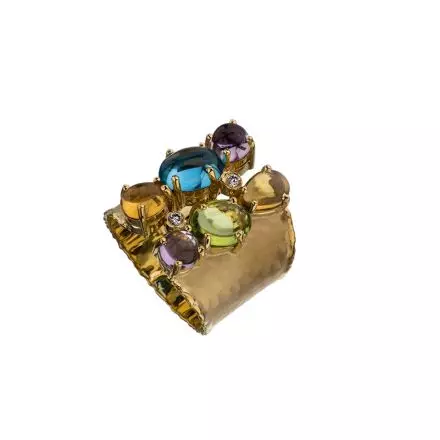 Wide 14k Gold Ring set with natural Gemstones and Diamonds 0.06ct