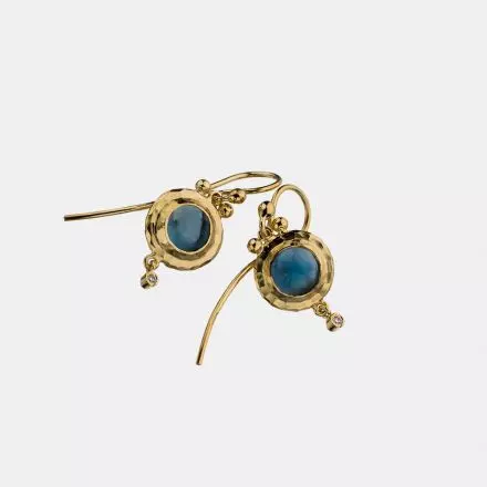 Frosted 14k Gold hammered London Blue Topaz Earrings with Diamonds 0.02ct