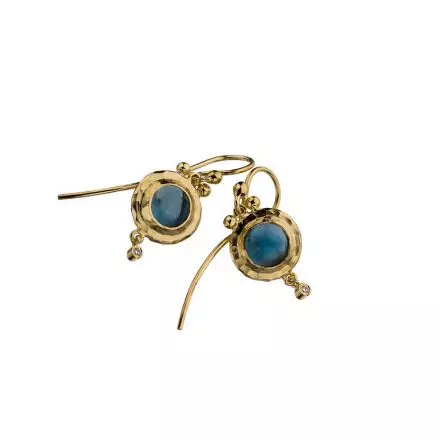 Frosted 14k Gold hammered London Blue Topaz Earrings with Diamonds 0.02ct