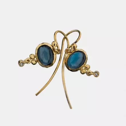 14k Gold Long Hook Earrings set with London Blue Topaz Stones and Diamonds 0.02ct