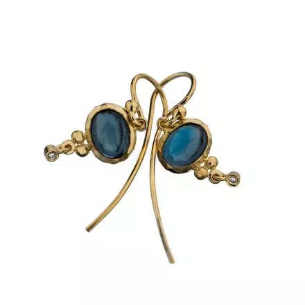 14k Gold Long Hook Earrings set with London Blue Topaz Stones and Diamonds 0.02ct