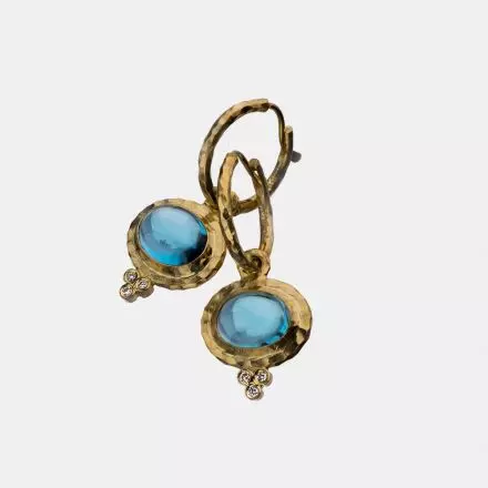 14k Gold Gypsy Round Dangle Earrings set with Swiss Blue Topaz and Diamonds 0.06ct