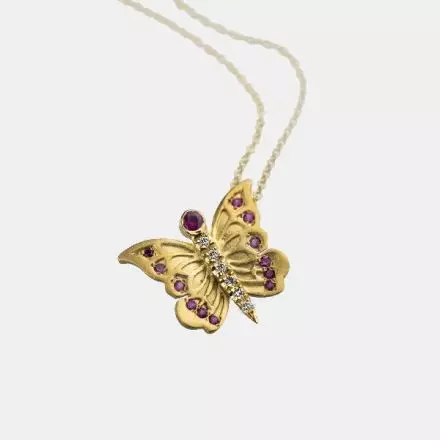 Gold Butterfly Necklace with Red Sapphire and Diamonds 