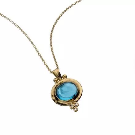 14k Gold Necklace with oval Pendant set with Swiss Blue Topaz and Diamonds 0.03ct