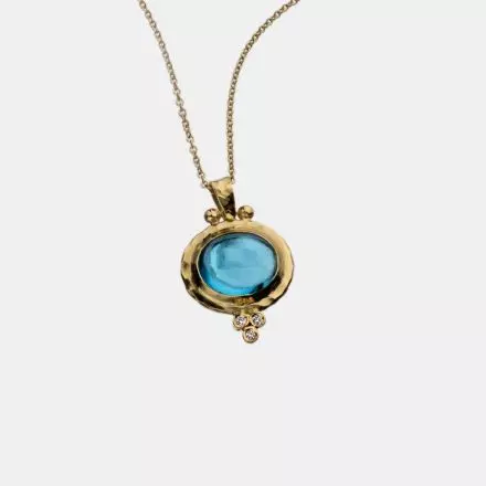 14k Gold Necklace with oval Pendant set with Swiss Blue Topaz and Diamonds 0.03ct