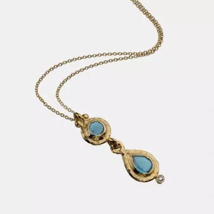 14k Gold Necklace with 2 Gold Droplet Settings mounted with Swiss Blue Topaz and Diamonds 0.02ct