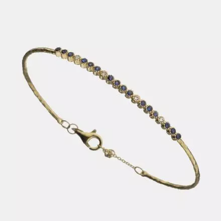 14K Gold Thin Cuff Bracelet with Sapphire and Diamonds 0.06ct