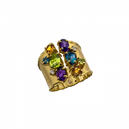 14k Gold Ring set with natural gemstones: Citrine, London Blue Topaz, Peridot, Amethyst and Diamonds, 6 points