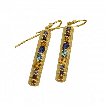 14k Gold Hammered Long Vertical Bar Earrings set with natural gemstones