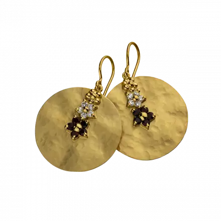 14k Gold Earrings with hammered disk set with Garnet and Diamond Flowers, 20 points