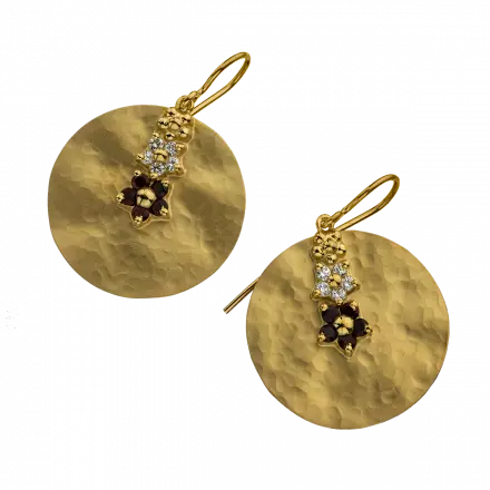 14k Gold Earrings with hammered disk set with Garnet and Diamond Flowers, 20 points