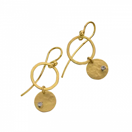 14k Gold Hoop Earrings with dangling disk set with 2-point diamond