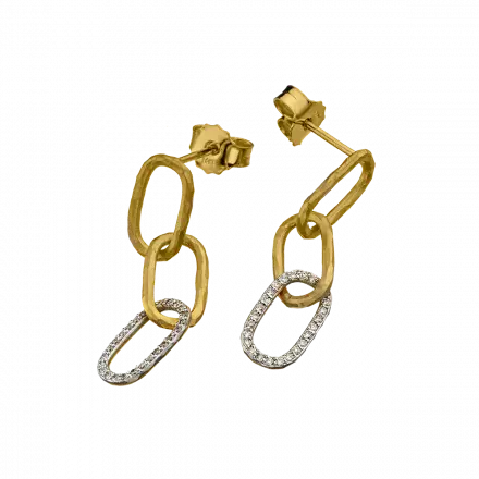 14k Gold Earrings with 3 oval hammered links, the third link set with diamonds, 21 points