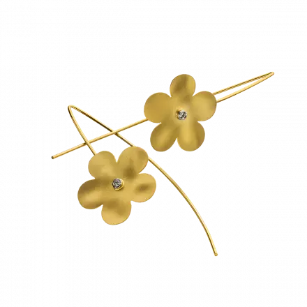 14k Gold Long Hook Earrings with 5-petal flower set with diamonds, 4 points