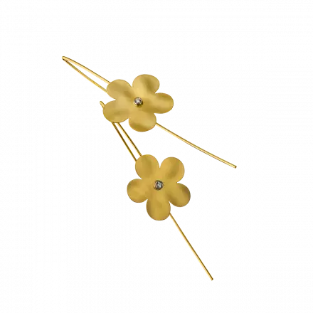 14k Gold Long Hook Earrings with 5-petal flower set with diamonds, 4 points14k Gold Long Hook Earrings with 5-petal flower set with diamonds, 4 points
