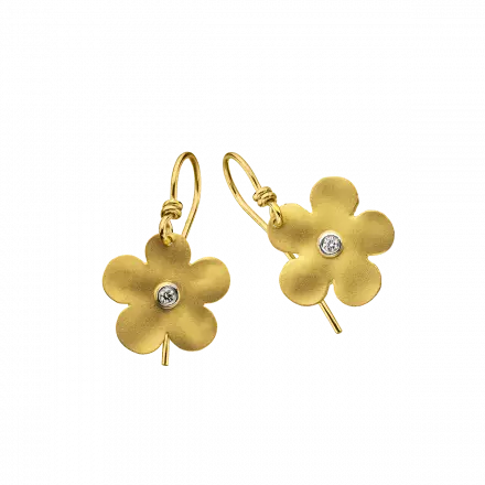 14k Gold Earrings with 5-petal flower set with diamonds, 4 points