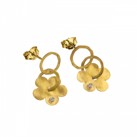 14k Gold Earrings with small dangling hoop threaded through a gold flower set with diamonds, 2 points