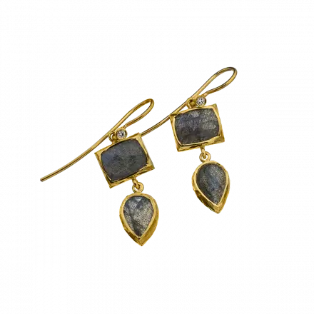14k Gold Earrings with diamond hook, 4 points, a rectangle and below it, a drop shape mounted with Labradorite in a gold