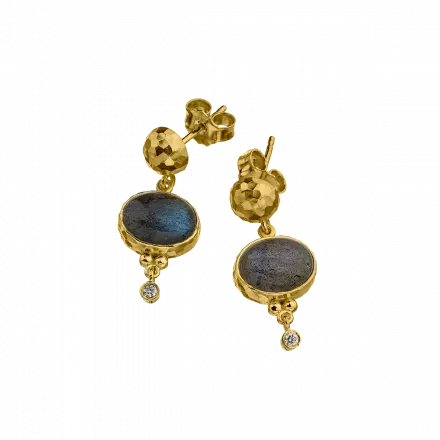 14k Gold Earrings with hammered gold dome stud and dangling oval Labradorite in gold setting and 4-point diamond