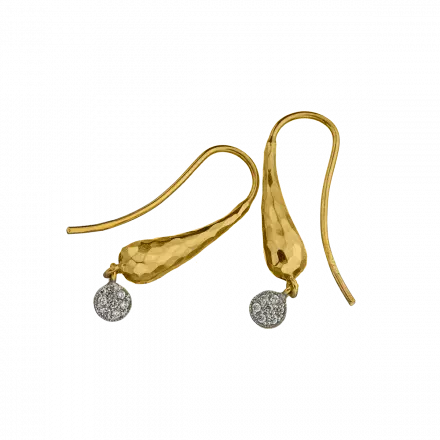 14k Gold Earrings with hammered drop shape ending in a circle set with diamonds, 7 points