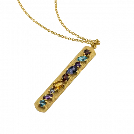 14k Gold Necklace with long, hammered, vertical bar set with natural gemstones: Citrine, London Blue Topaz, Iolite, Amethyst