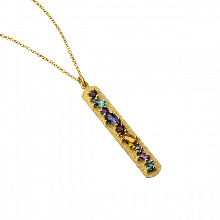 14k Gold Necklace with Long, Hammered, Vertical Bar set with Natural Gemstones: Citrine, London Blue Topaz, Iolite, Amethyst