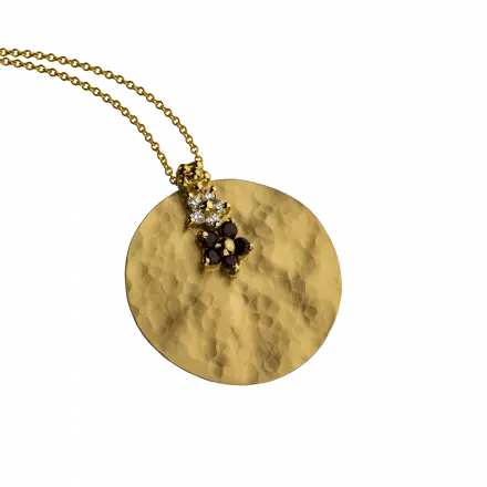 14k Gold Necklace with hammered disk set with Garnet and Diamond Flowers, 10 points