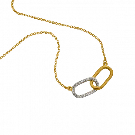 14k Gold Necklace with 2 interlocking oval links, one of them set with diamonds, 11 points