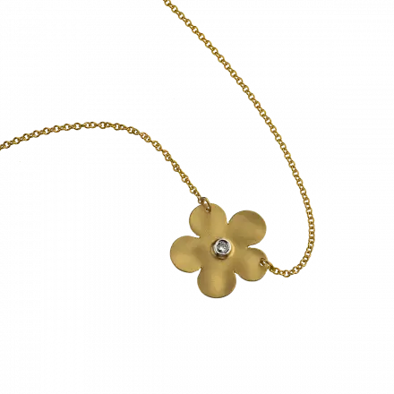 14k Gold Necklace with 5-petal flower set with diamond, 2 points