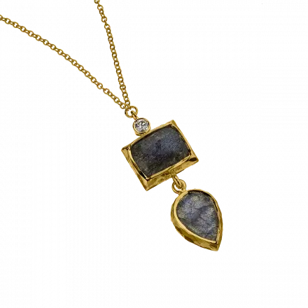 14k Gold Necklace with rectangle and drop shape pendant mounted with Labradorite in gold setting and Diamonds, 5 points