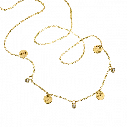 14k Gold Necklace with dangling gold disks and diamonds, 6 points