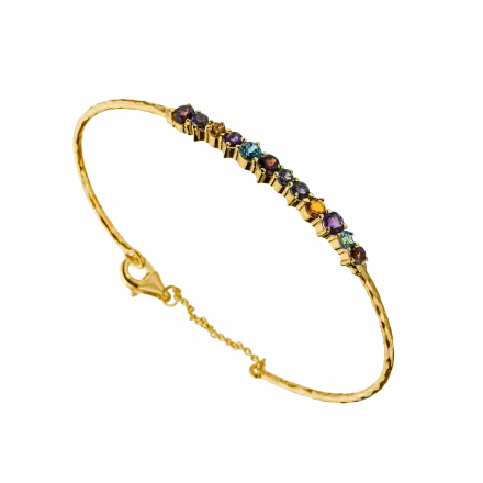 14k Gold Bracelet with hammered tube set with natural gemstones: Citrine, London Blue Topaz, Iolite, Amethyst and Garnet