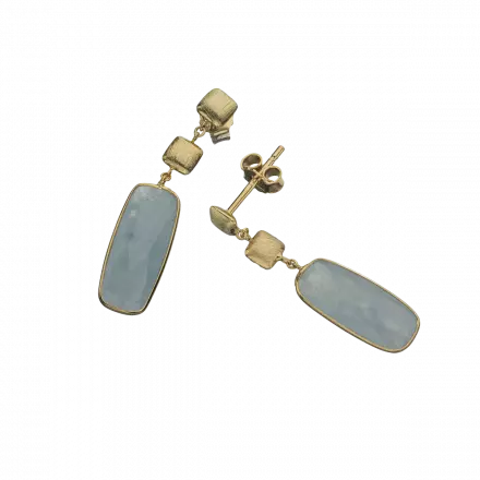 14k Gold Square Stud Earrings with dangling gold square and elongated Milky Aquamarine Stone in gold setting