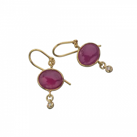 14k Gold Dome Hook Earrings with dangling round Ruby in gold setting and diamonds (4 points)