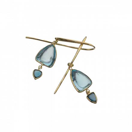 14k Gold outstandingly long Hook Earrings with unique dangling Blue Topaz Stones in gold setting