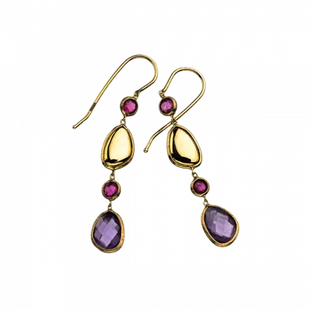 14k Gold Earrings mounted with Amethyst and Ruby