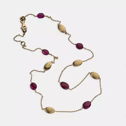 14k Gold Chain Necklace adorned with Rhodolite Stones and three-dimensional gold elements